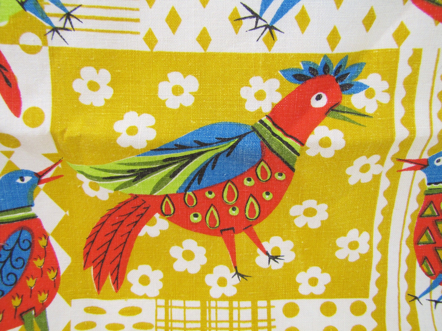 Vintage Linen Kitchen Tea Towel- Wall Hanging- Modern Art- Mid Century- Colorful Abstract Birds