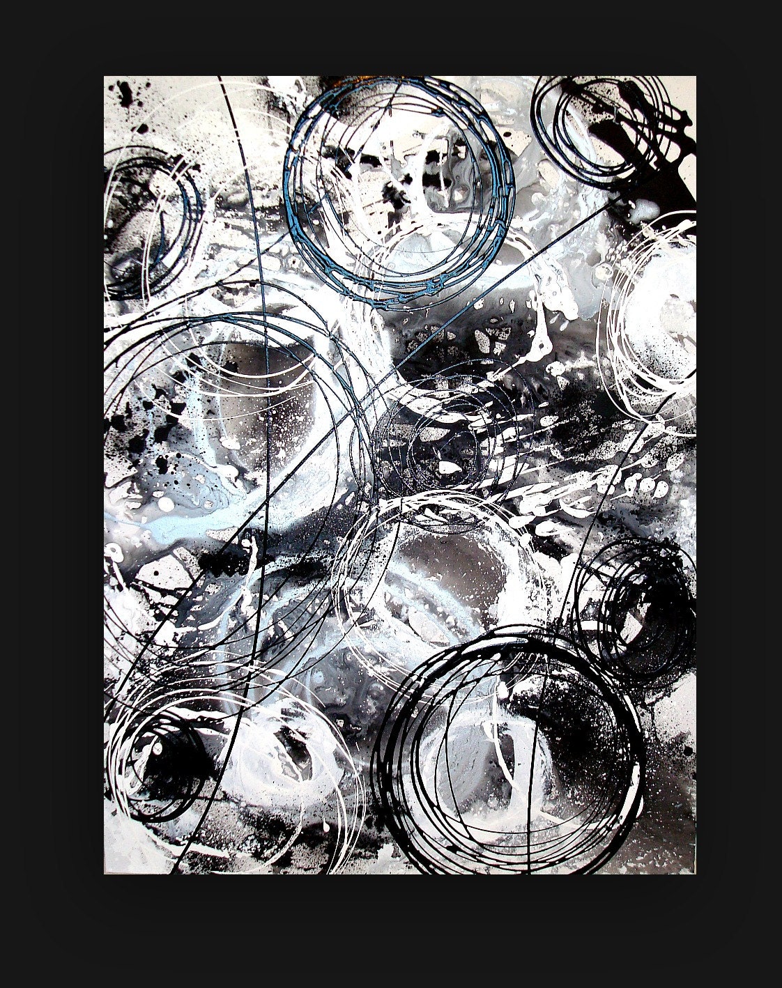 Large Black and White Acrylic Abstract Painting on Gallery Canvas Titled: White Noise II 30x40x1.5" by Ora Birenbaum