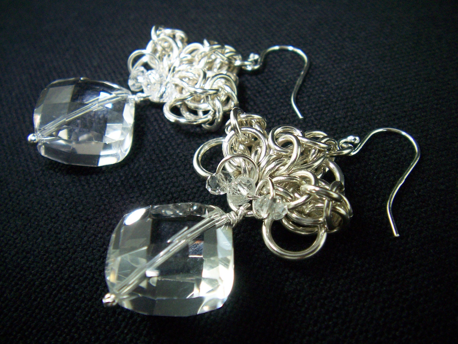 Sterling Silver & Quartz Crystal Chainmaille Earrings, Celtic Lace
