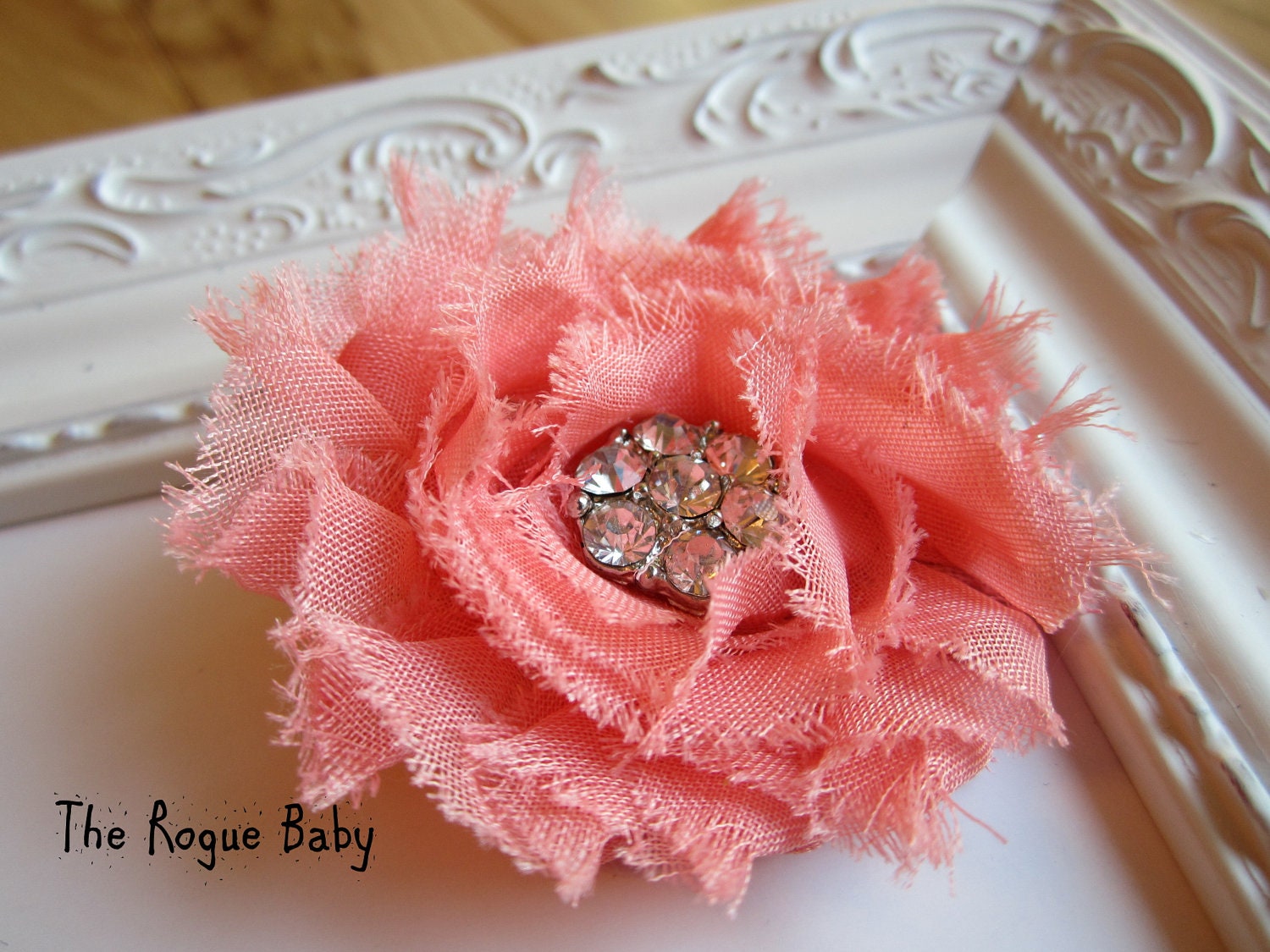 Coral Hair Flower Shabby chiffon rosette with crystal button. Wedding Bridal Flower Girl. Photo Prop Toddlers Girls Women
