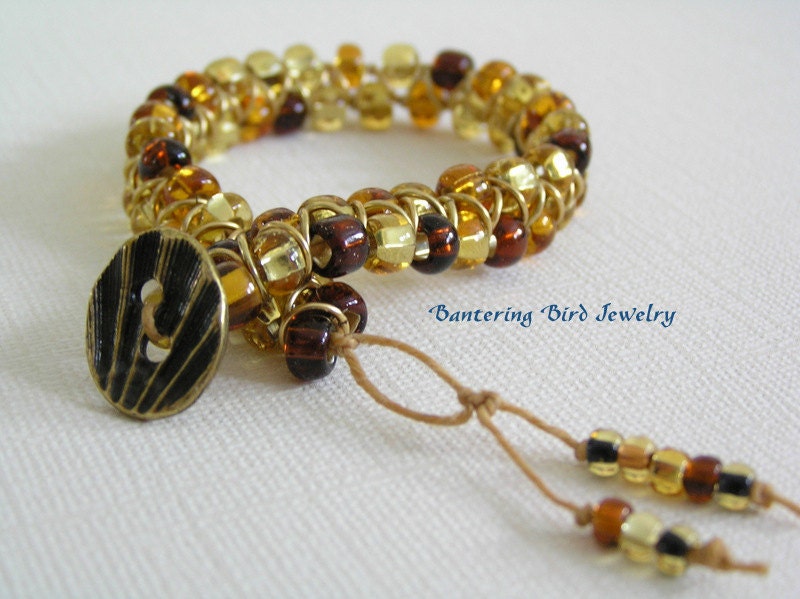 Beaded Friendship Bracelet on Linen Cord Golden Yellow Sea Shell Button Srping Beach Jewelry