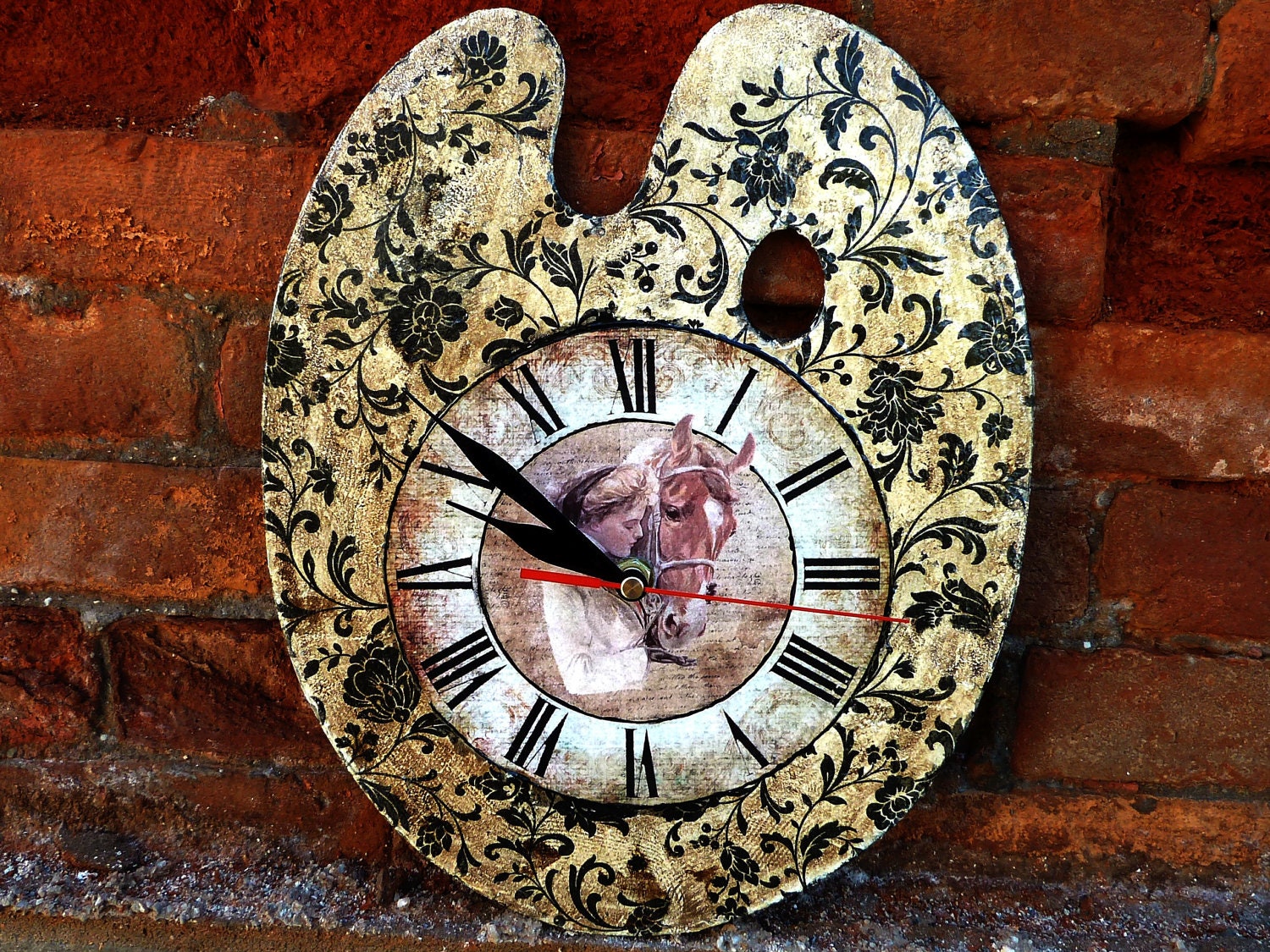 Free shipping wall clock handmade from wood and decorated with decoupage technique and vintage style