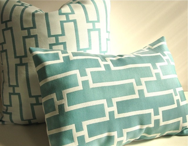 Decorative Throw Pillow Cover -Teal and White or reverse - Geometric Maze - Various Sizes