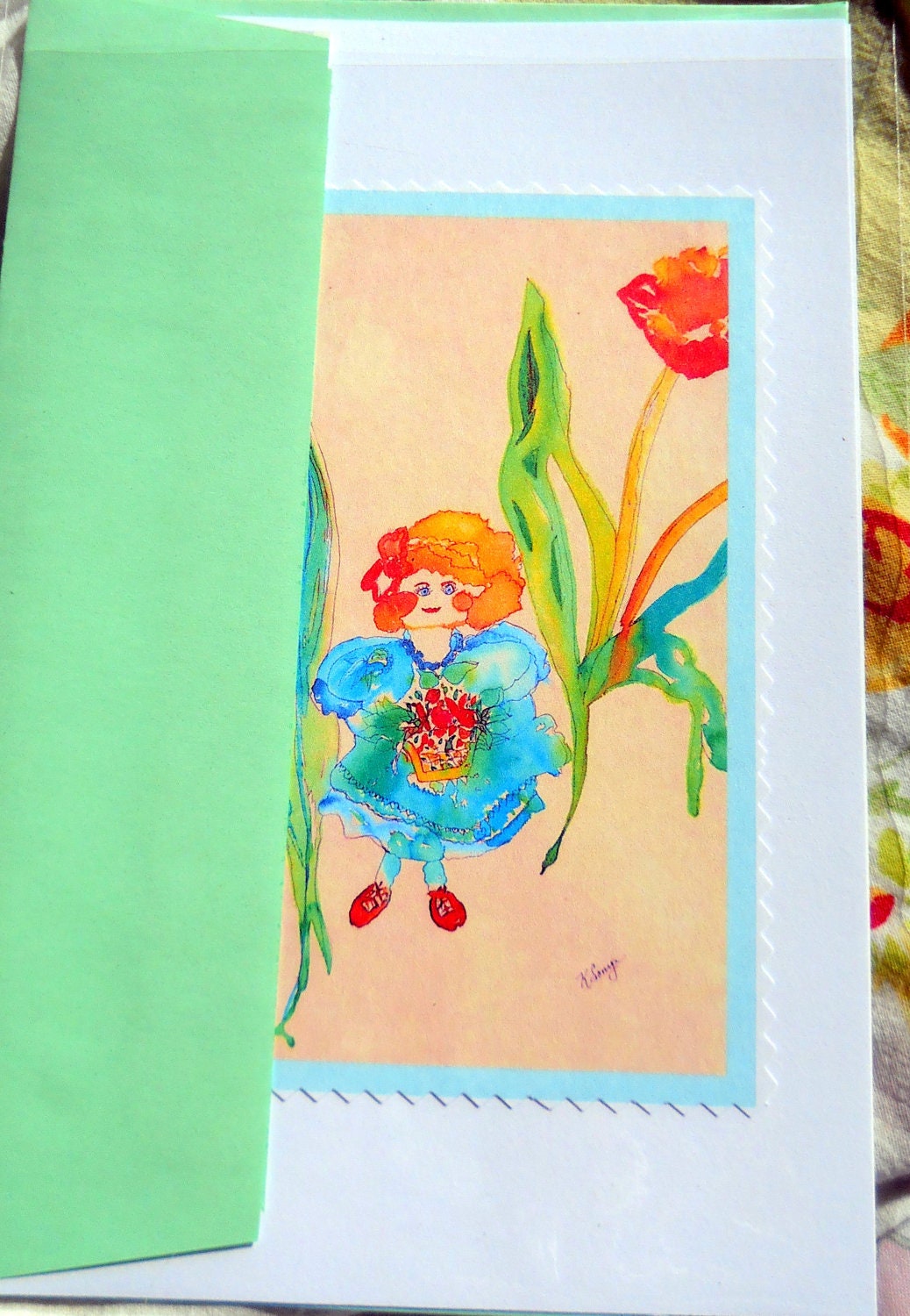 Tulip Girl Watercolor Print Cards, Greeting Cards, Set of 6, Art Print Cards, 5 1/2 x 8 1/2 "KSonya