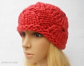 Super Chunky Cable Knit Hat Merino Wool Beanie Unisex Red Men Women Teens