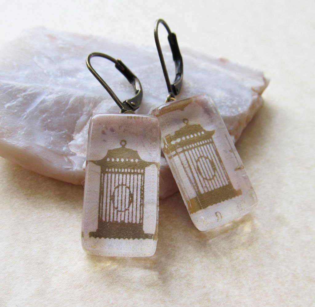 Dangle Drop Earrings - Rectangle Glass Cabochon with Gold Bird Cage Paper Print - Antique Brass Lever Back Hooks