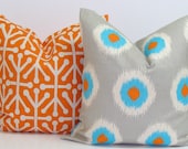 Orange.Turquoise.Pillows.TWO PIECE SET.20x20 inch.Orange.Gray.Turquoise.Decorator.Housewares.Home Decor.Cushion.Ikat.Dominos