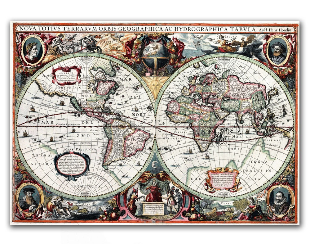 13x17" Antique World Map printed on parchment paper, Nova Totius Terrarum Orbis Geographica ac Hydrographica Tabula 1630 , Vintage map
