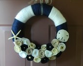 Summer Nautical Wreath - Beach Wreath - 14 Inch Yarn Wrapped Wreath with Starfish, Sanddollar, Felt Flowers, Pearls and Anchor Buttons