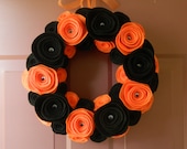 Halloween Wreath - Black and Orange Felt Flower Wreath with Google Eye Centers on the large flowers - 18 inch