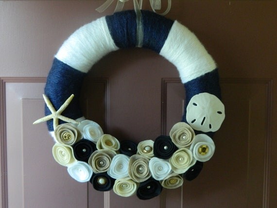 Summer Nautical Wreath - Beach Wreath - 14 Inch Yarn Wrapped Wreath with Starfish, Sanddollar, Felt Flowers, Pearls and Anchor Buttons