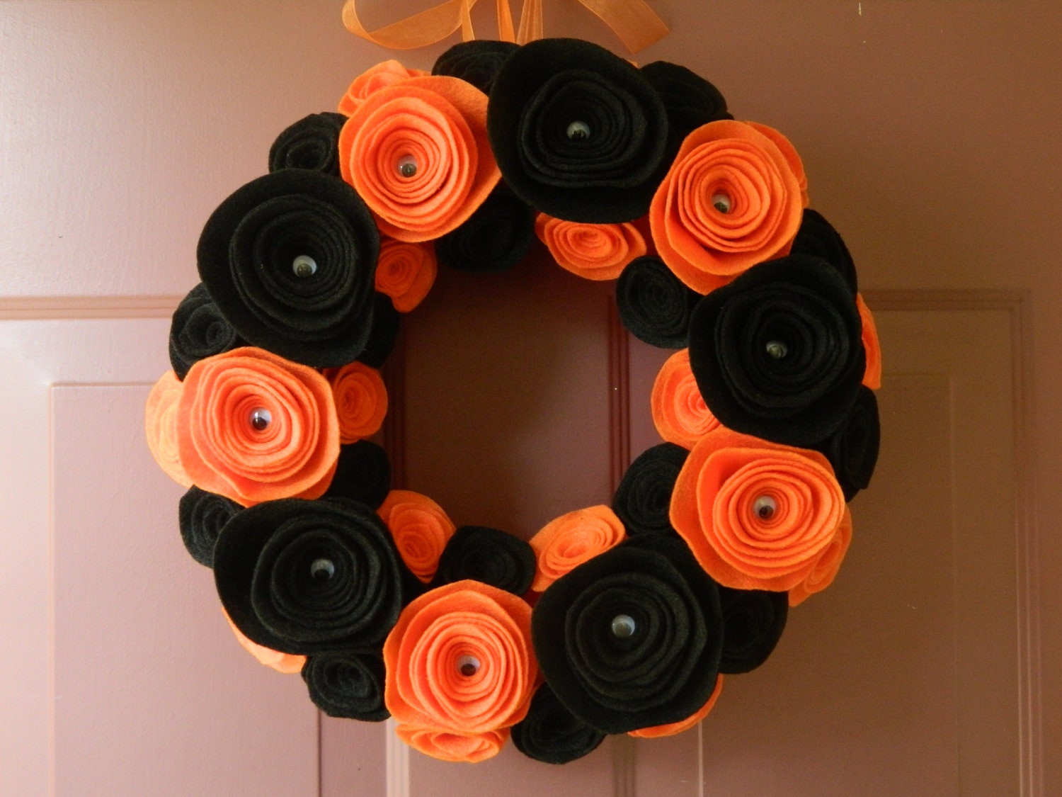 Halloween Wreath - Black and Orange Felt Flower Wreath with Google Eye Centers on the Large Flowers - 12 inch