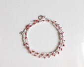 Red and gray. Double strand Bracelet. Crochet. Tiny red seed beads and gray cotton.