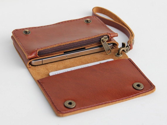 Leather iPhone wallet case with mini zipper in caramel brown (For iPhone4/4s)