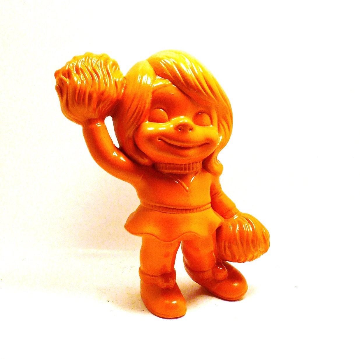 kids decor, cheerleader statue, sports, orange, cheerleading, painted ceramics, football, pom poms