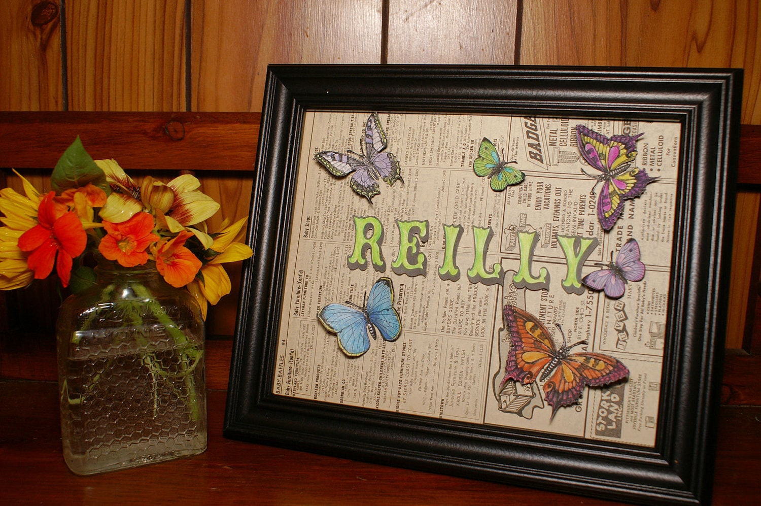 Kid's Room Decor- Custom Name and Butterfly Collage on Vintage Book Page, Shadowbox Art, Hand-painted Watercolour Art