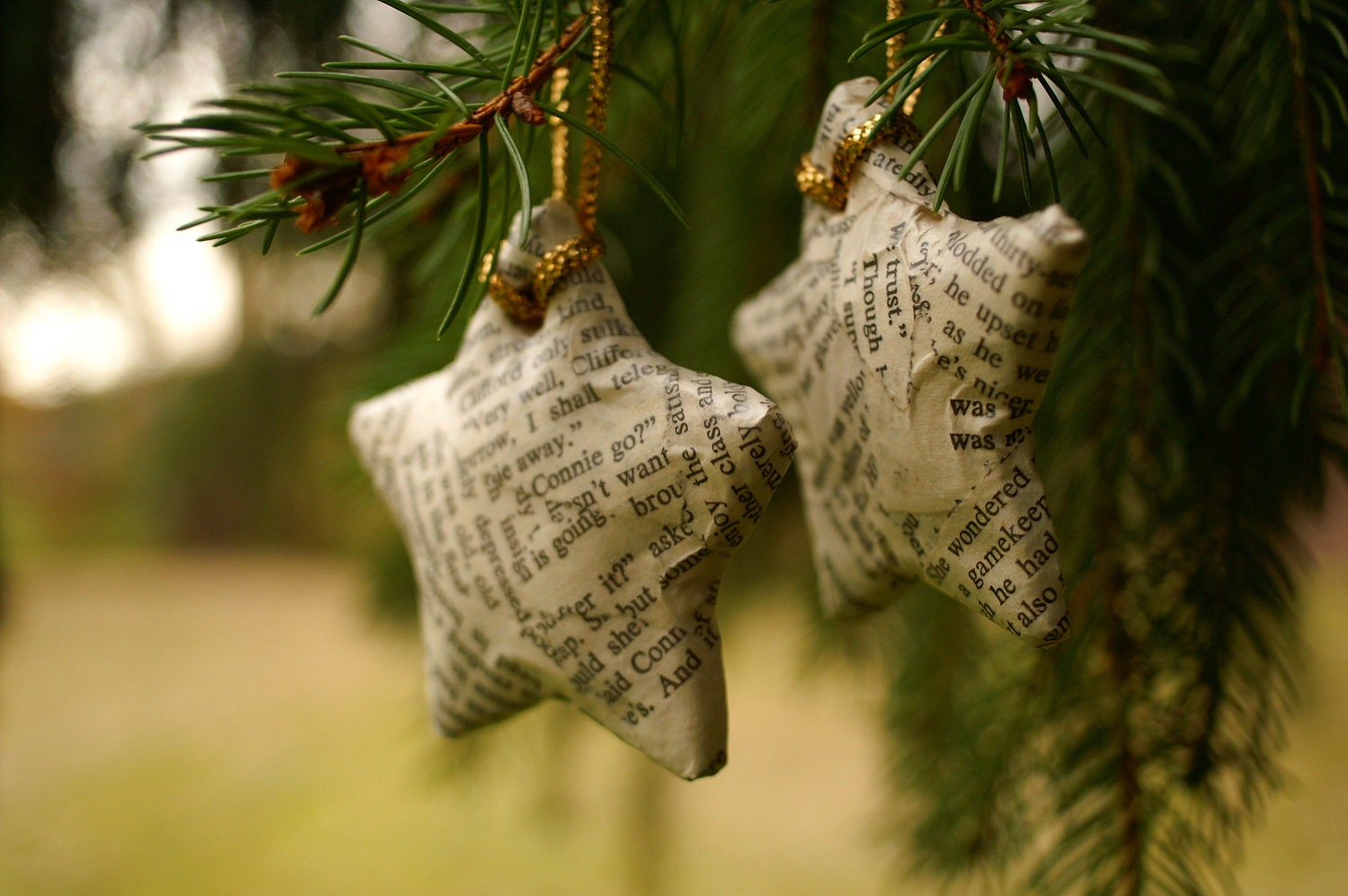 Star Ornament- Set of 2 Book Page Wrapped Star Ornaments, Modern Christmas, Book Lover, Book Page Decor, Star Decor, Black and White