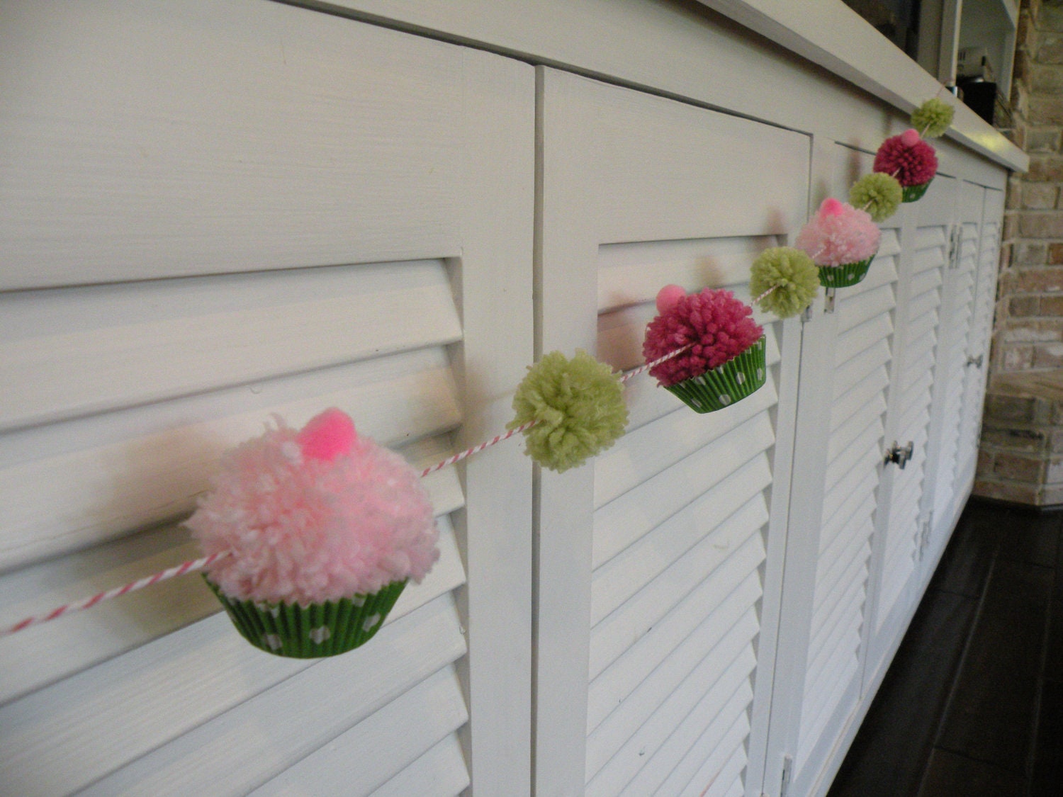 Pink and Green Pompom Cupcake  Birthday Garland