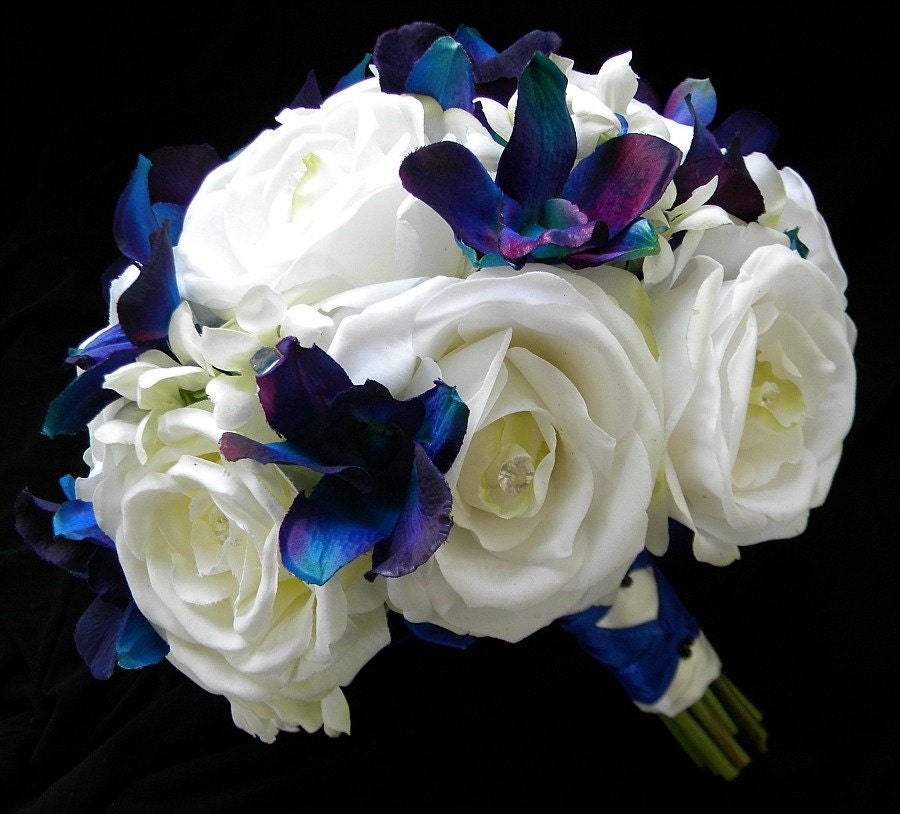 Silk Garden Rose and Blue/Violet Orchid Bridal Bouquet