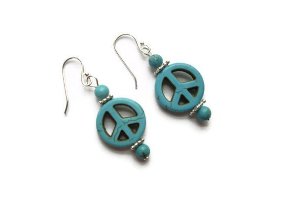 peace sign earrings, turquoise earrings, sterling silver earrings, fun earrings