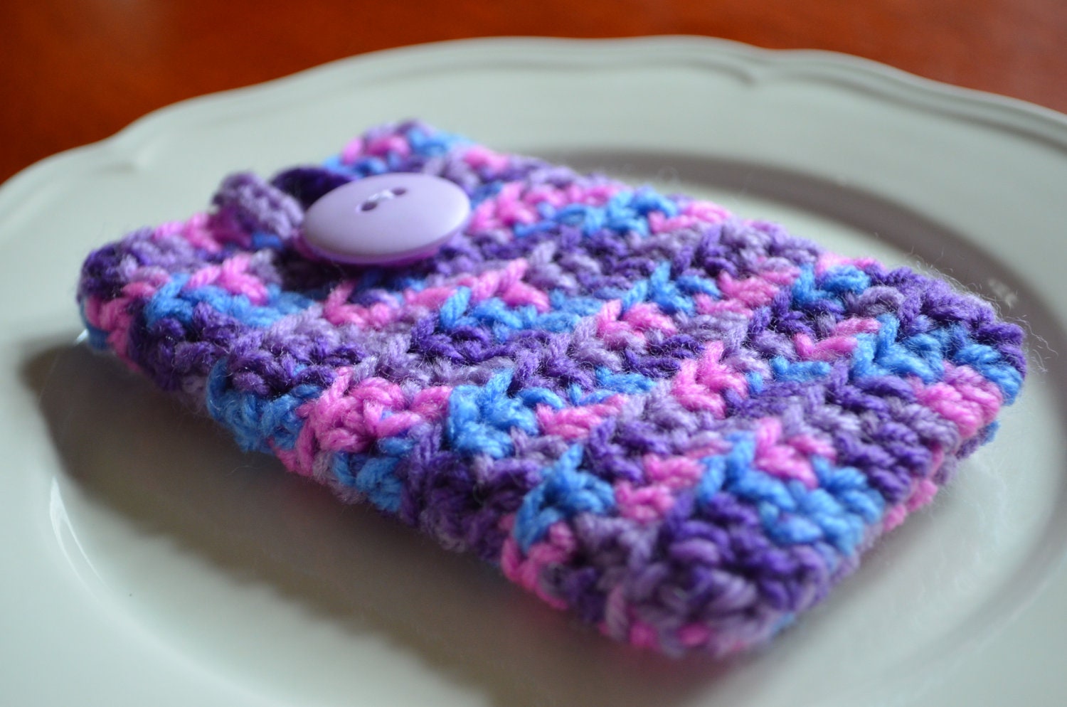 Crocheted Cell Phone Cozy iPhone iPod Blackberry Cotton Candy Dreams Multi Colour Purple Button