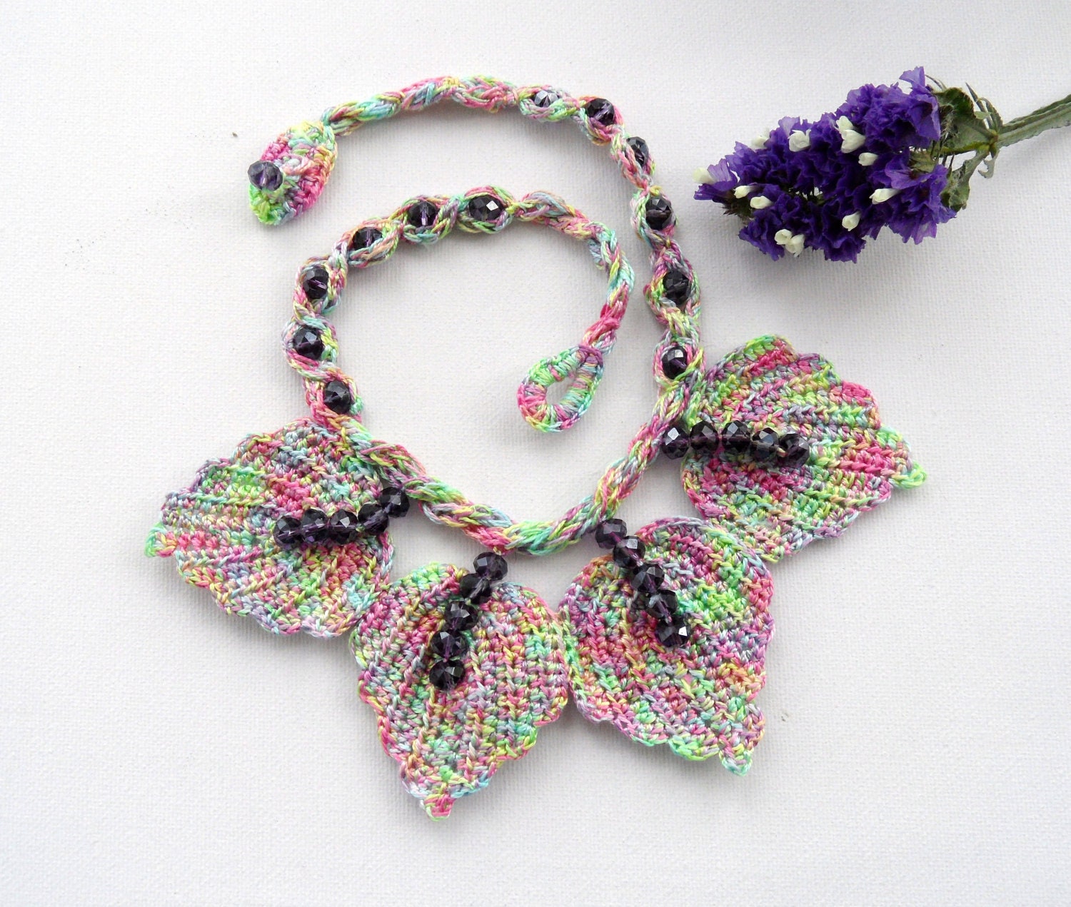 Crochet Necklace and Earrings Leaves Set
