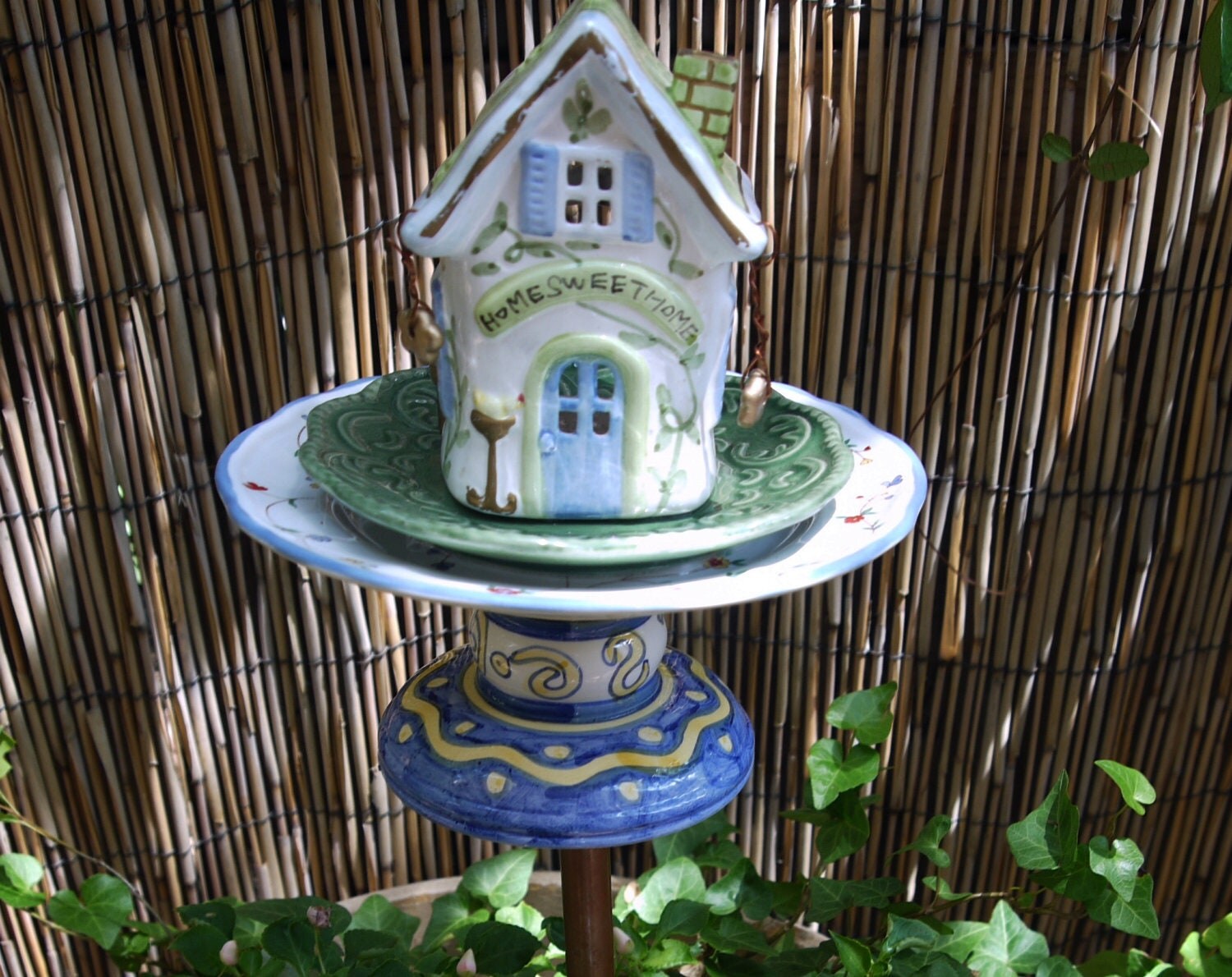 yard art teacup bird feeder garden totem vintage garden home decor 