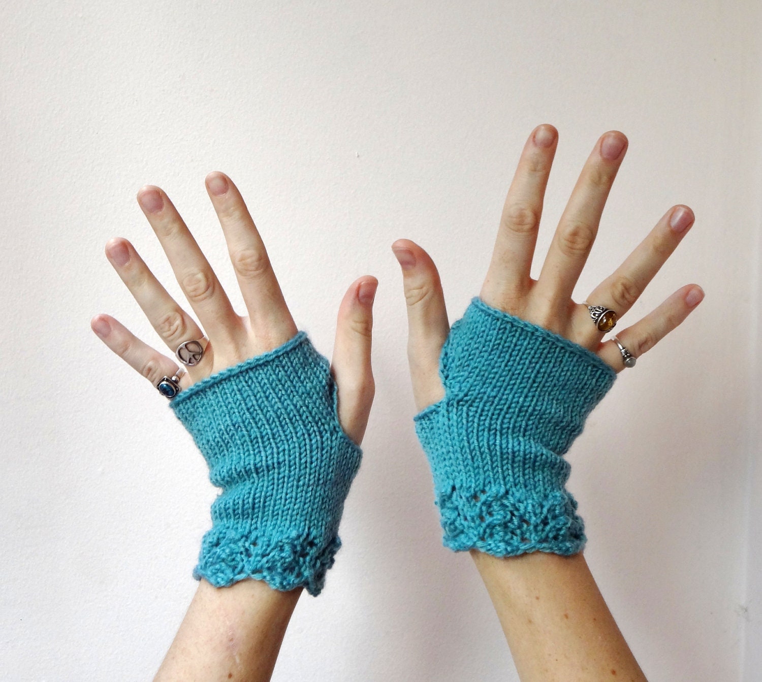 Fingerless Mittens in AQUA - lace trim womens gloves - teal mint aqua marine blue - teen fashion - boho wrist warmers