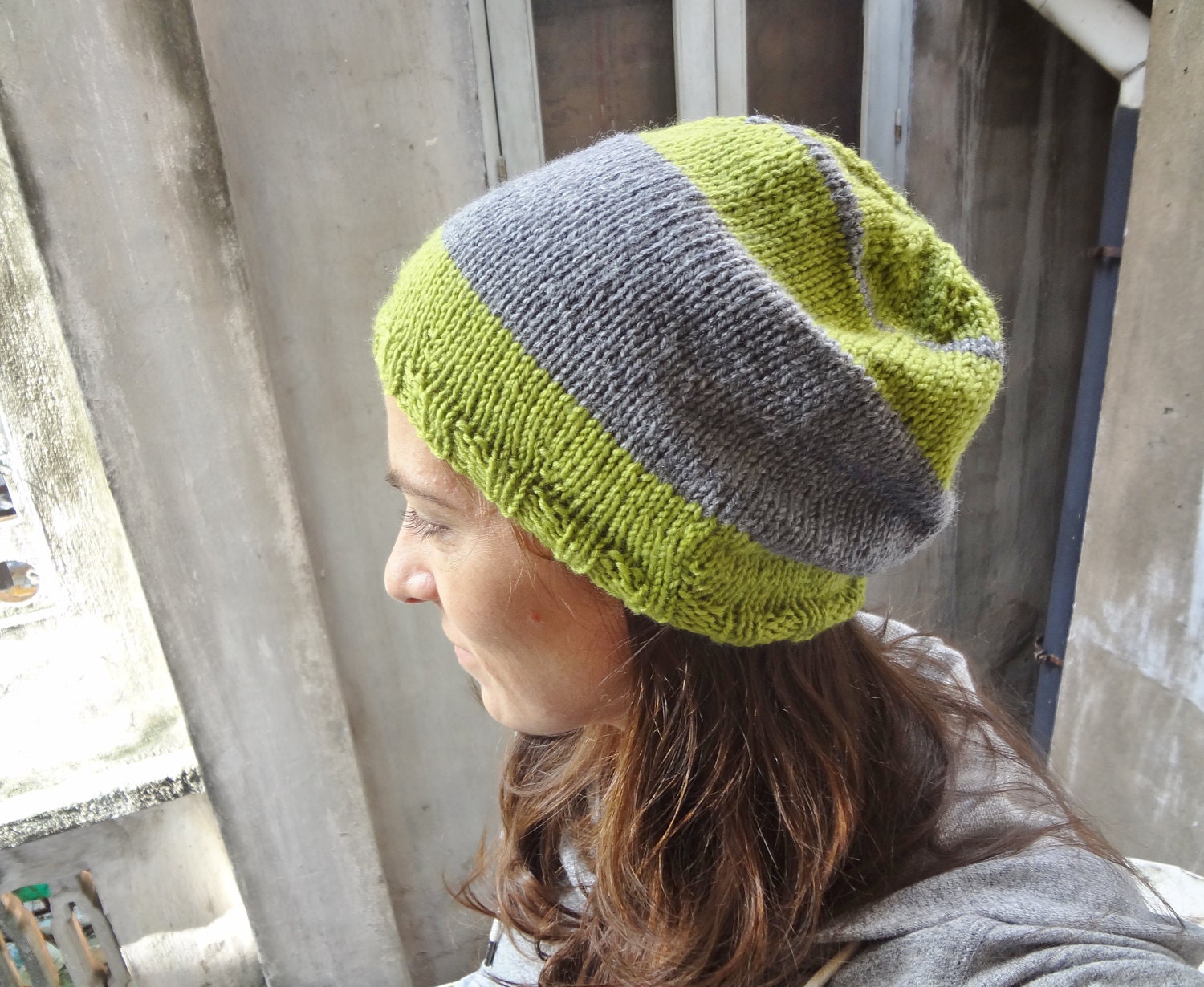 The Porltand Hat in GRASS & GRAY - Unisex Slouchy Knit Hat - Green and Grey stripes - womens or mens dreadlocks hat - gift for her