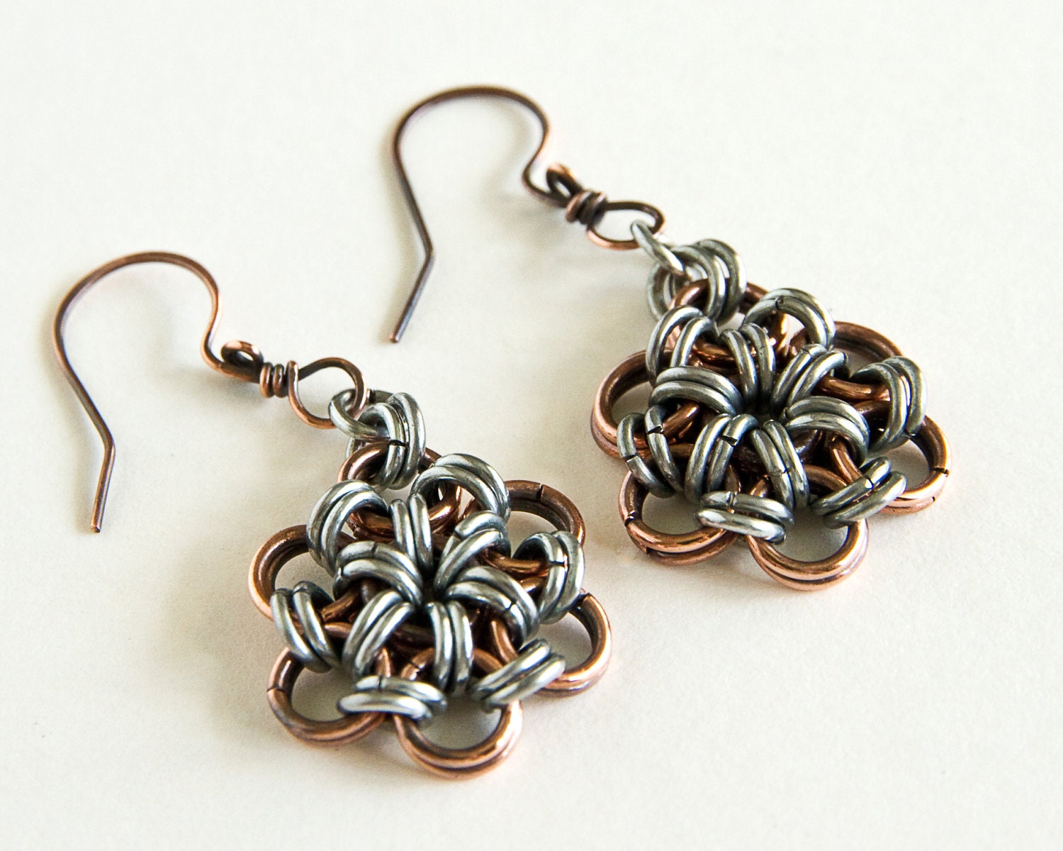 Chainmaille Earrings Copper Stainless Steel Japanese 12 in 2 Mixed Metal Antiqued Copper Chain Mail Maille Earrings