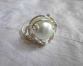 Silver-plated wire-wrapped ring with white bead, adjustable - waterlilyandvine