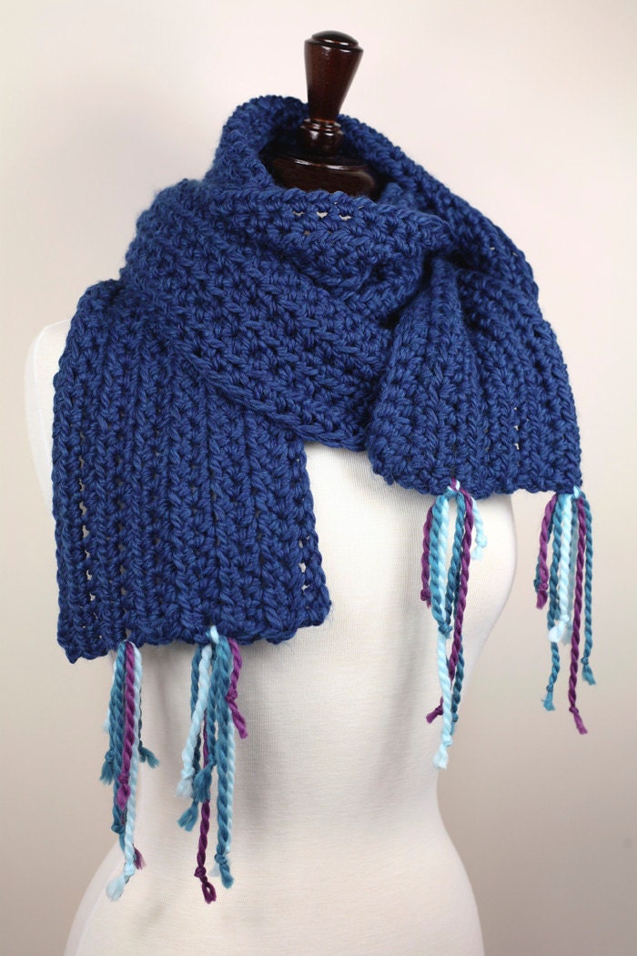 SALE OOAK Boho Sapphire Heather Midnight Blue Extra Long Super Warm Chunky Handmade Crochet Merino Wool Scarf with Tassels