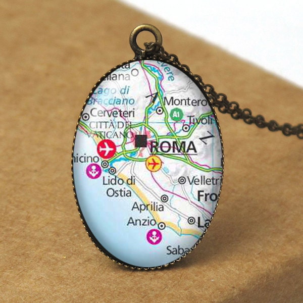 Rome Italy Pendant Necklace, Rome Map Jewelry, Italy Map Necklace, Vintage Map Necklace, World Traveler, Travel Necklace, Italy Jewelry N410