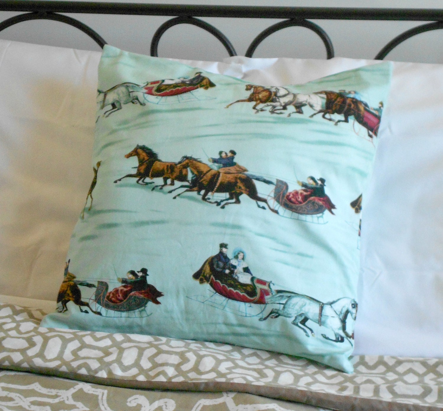 Christmas Pillow Mint Holiday Horse and Sleigh Pillow Cover 18 inch