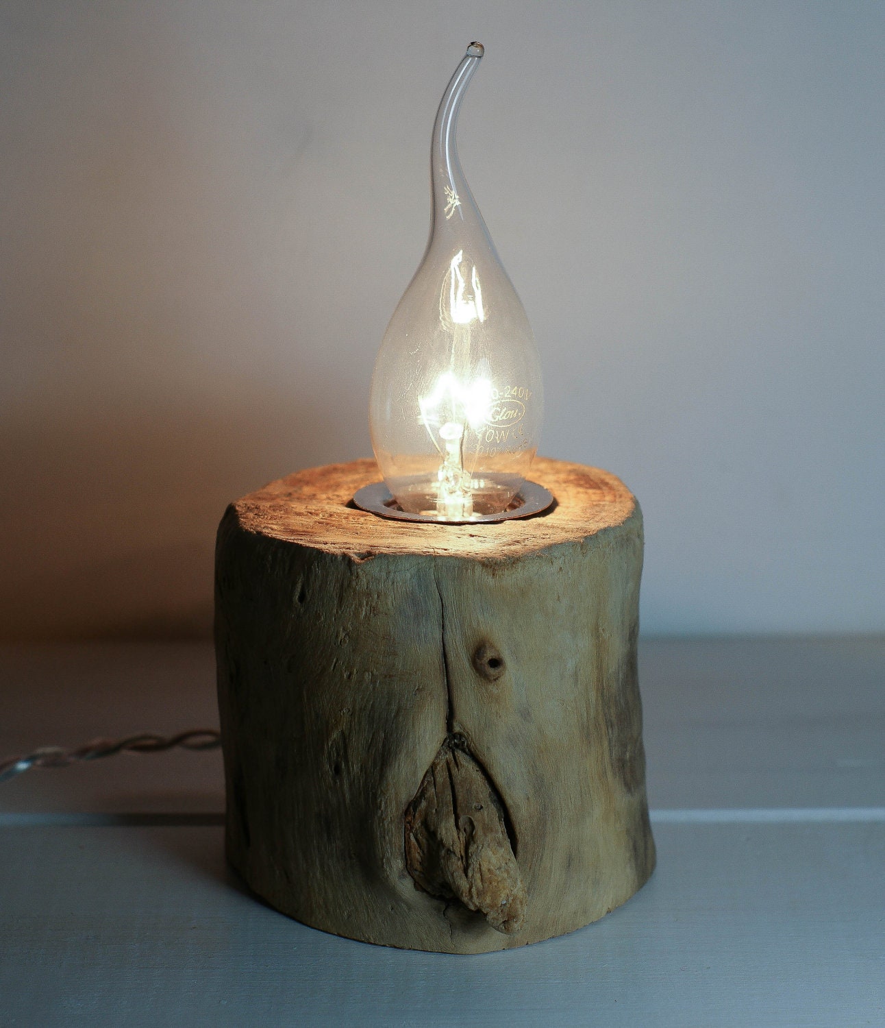 Exposed Bulb Lamp, Rustic Industrial Lamp, Cylindrical Wooden Lamp, Handmade Lamp, Reclaimed Wood Lamp