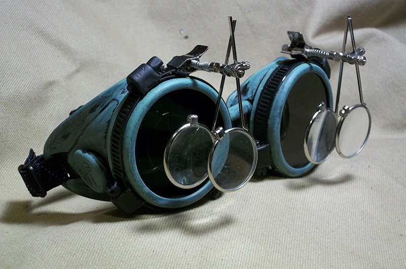 Green AVIATOR GOGGLES With Double Magnifying Loupes Welding Scientist Cyber Punk Optic Conductors Mad Scientist Gothic Rave Steampunk