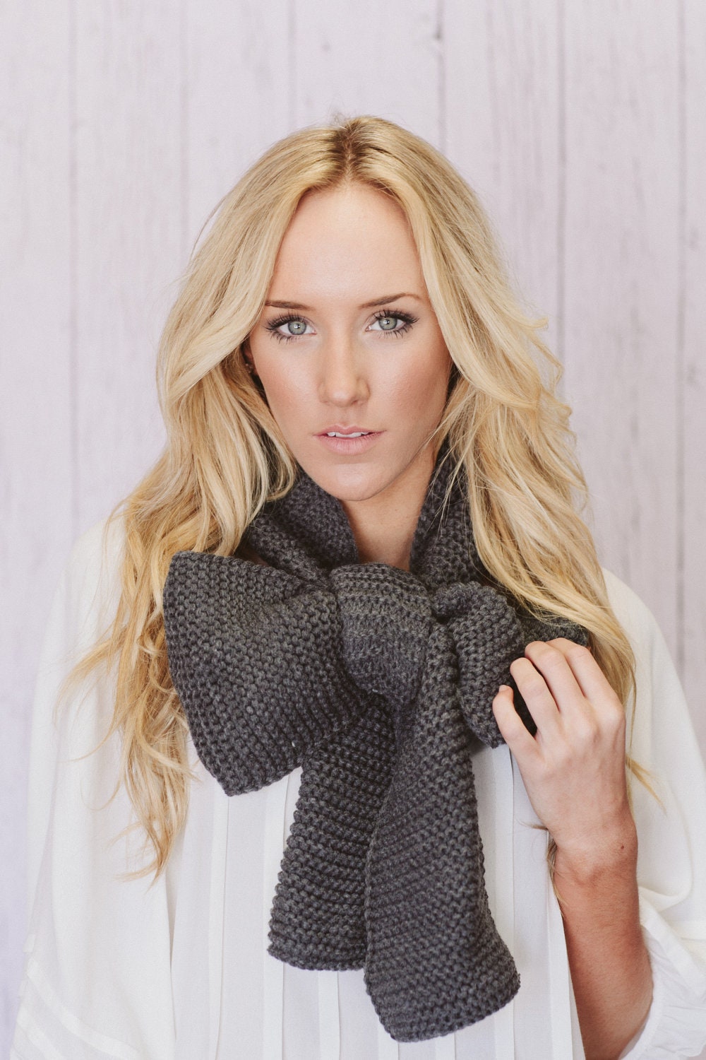Knitted Bow Scarf Chunky Knitted Bow Ascot Neck Warmer Women's Extra Long Scarf Fashion Accessories in Latte