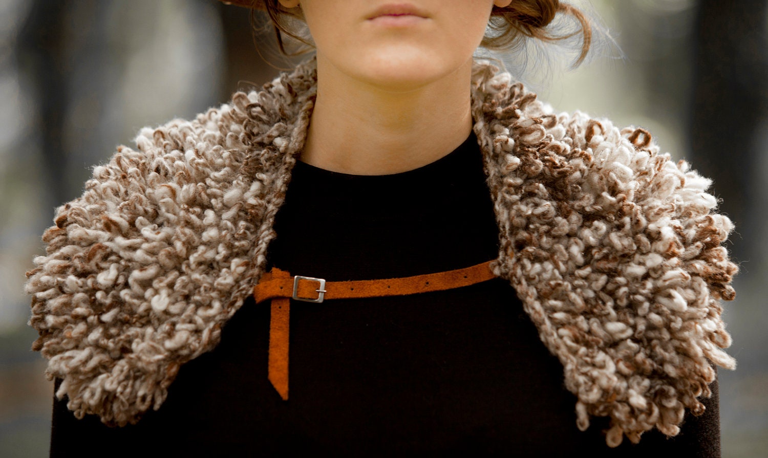 Handknitted Handspun Handmade Natural Wool - Knitted Collar - Faux Fur in Loop Stitch