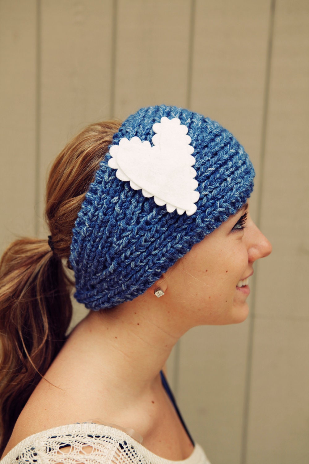 SALE Knitted Headband Blue Wash With Felt Heart