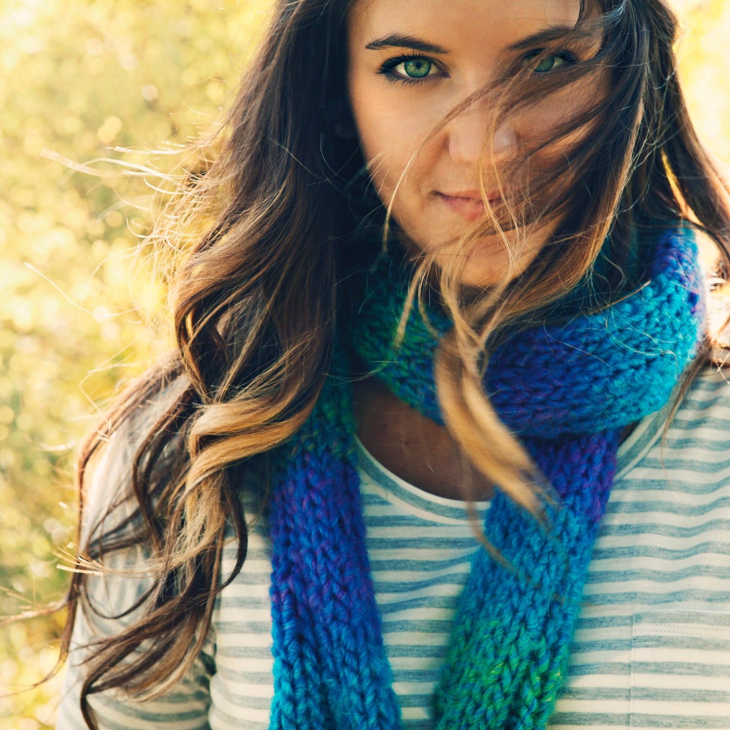 Ocean Colors Scarf in Blue, Aqua, Teal, Green Fashion Scarf Hand Knitted