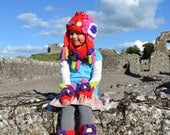 Flower Princess Red Girl's Hat, Neck Warmer, Mittens and Leg Warmers, Hand Crochet - Toddler, Child, Handmade by Princessa Anastasia