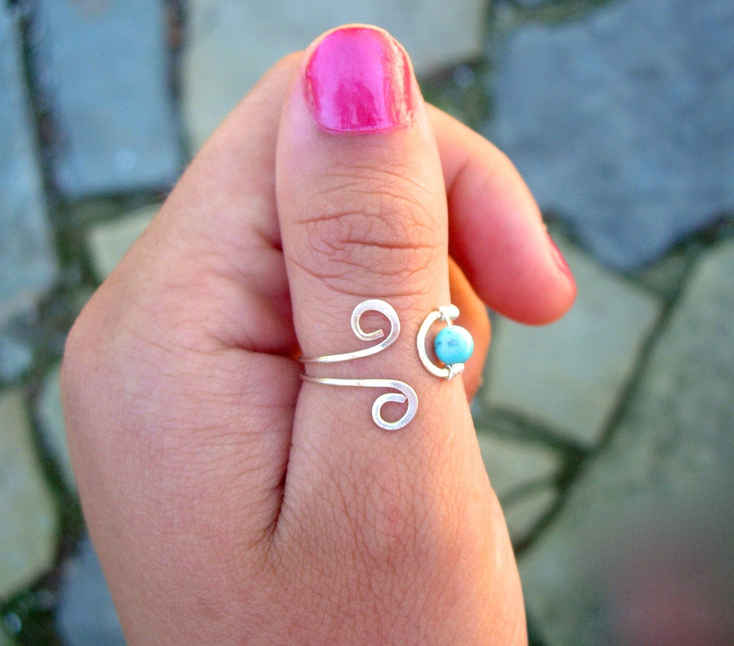 Silver Filled Adjustable Ring with stabilized Turquoise, Thumb, Middle or Index finger