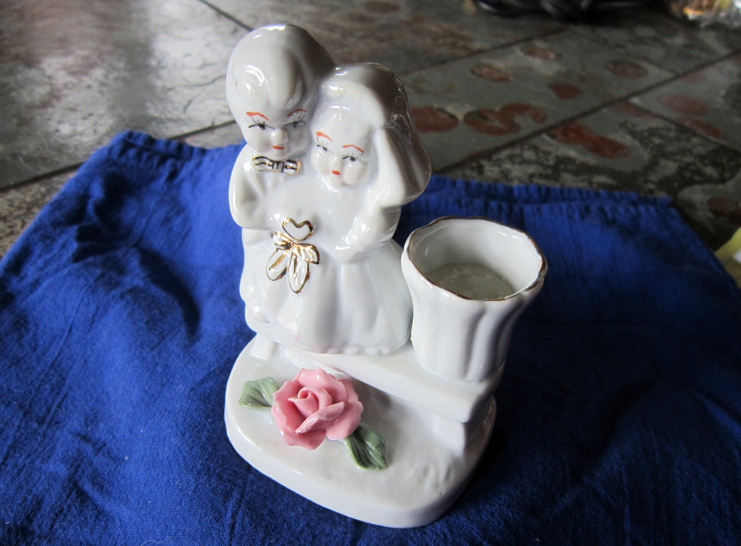 Bride & Groom Figurine Candleholder Pink Flower