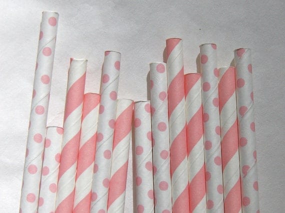 Pink Paper Straw Mix of Stripes and Mini Polka Dots, 50 Pack Il_570xn