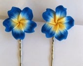 Blue, White and Yellow Polymer Clay Flowers on Silver Tone Bobby Pins - Set of 2-