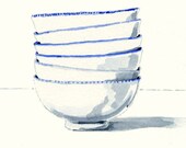 Art Print of Original Watercolor Painting -- Blue and White Bowls