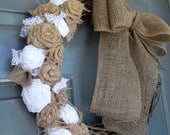 Burlap on Grapevine Wreath with Large Burlap Bow - Natural Burlap Roses, Pearls, and White Lace - Rustic Wedding Decoration