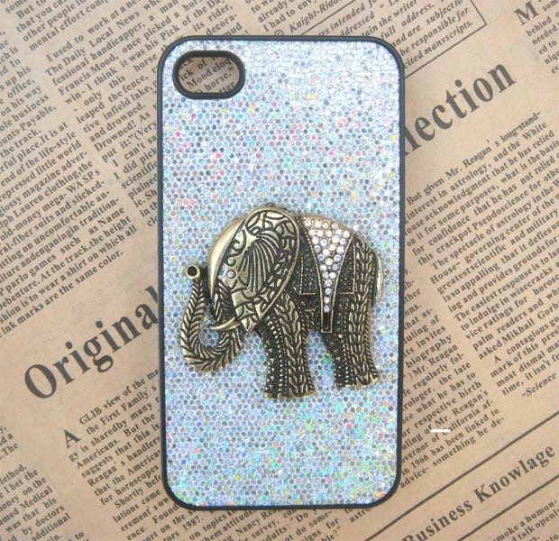 Steampunk Elephant Silver bling glitter hard case For Apple iPhone 4 case iPhone 4s case cover