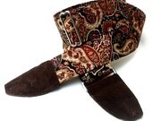 Gypsy Paisley Guitar Strap in Earth Tones with Plush Suede Leather Ends, Adjustable and Comfortable with Nickel Plated or Brass Hardware