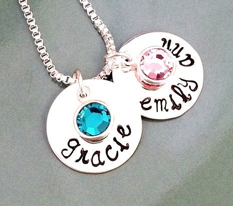 Hand Stamped Mommy Necklace - Personalized Jewelry - Two Discs with Names & Birthstone Pendants
